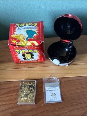 Vintage 1999 Pokemon Charizard 23K Gold Plated Card Pokeball Box COA